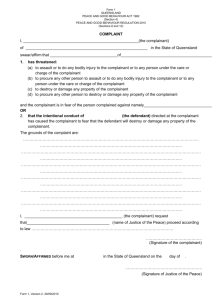 Peace and Good Behaviour Act 1982 - Form 1