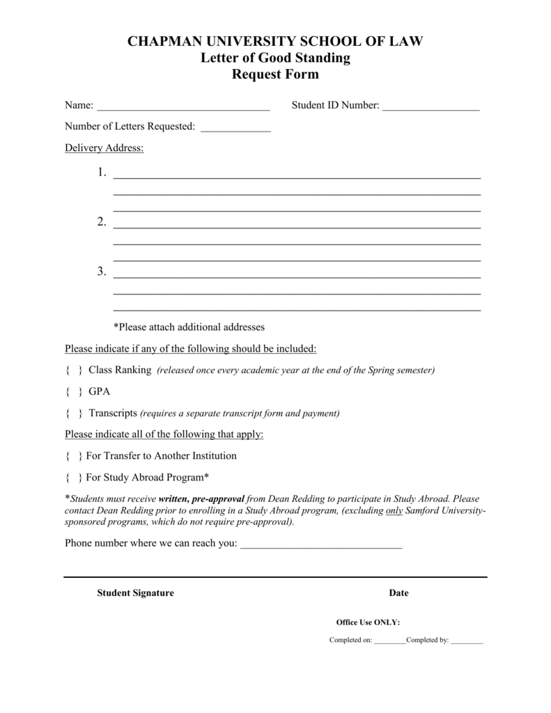 Letter Of Good Standing Request Form