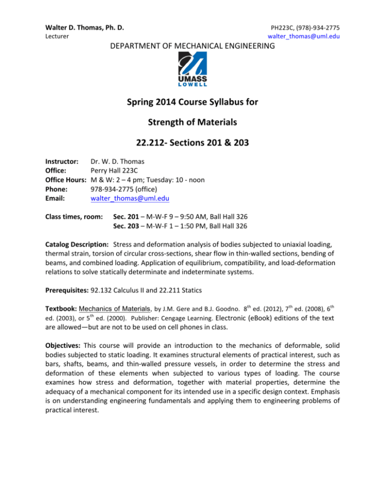 Strength Of Materials Syllabus Spring 2014 22 212 Spring 2014