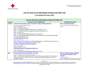 list of ohs acts and regulations for first aid