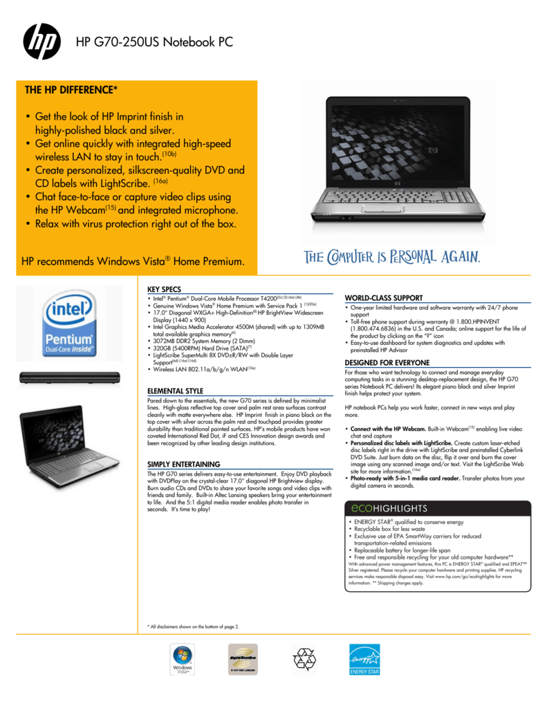 Hp G70 250us Notebook Pc Datasheet