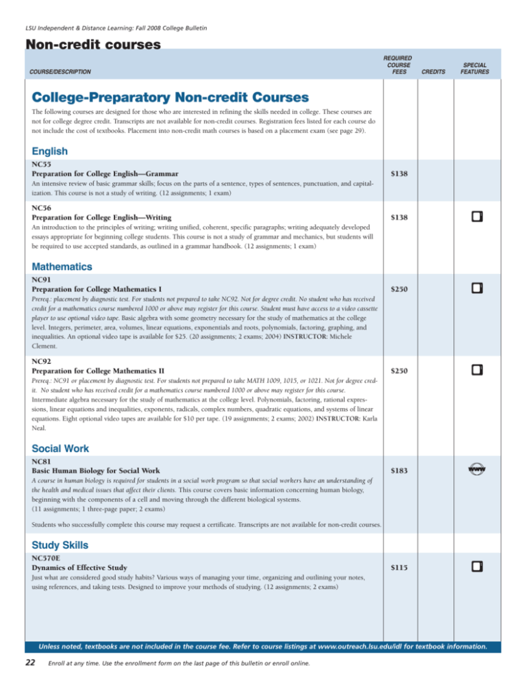 CollegePreparatory Noncredit Courses Noncredit courses