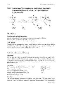 2022 Reduction of L-(–)-menthone with lithium aluminium hydride to
