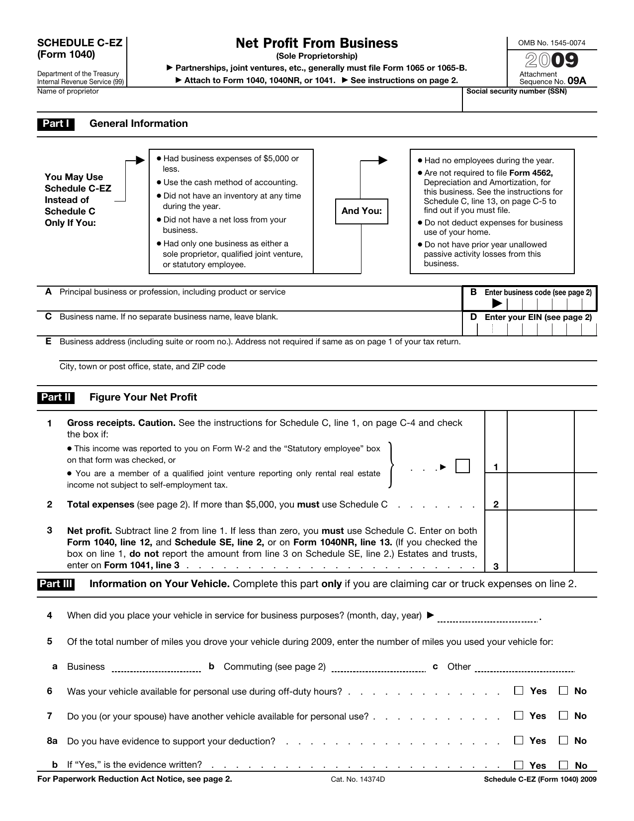 2009 Form 1040 Schedule C EZ The Benefit Bank Self
