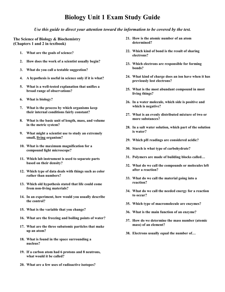 Biology Unit 1 Exam Study Guide Biology Unit 1 Exam Study Guide