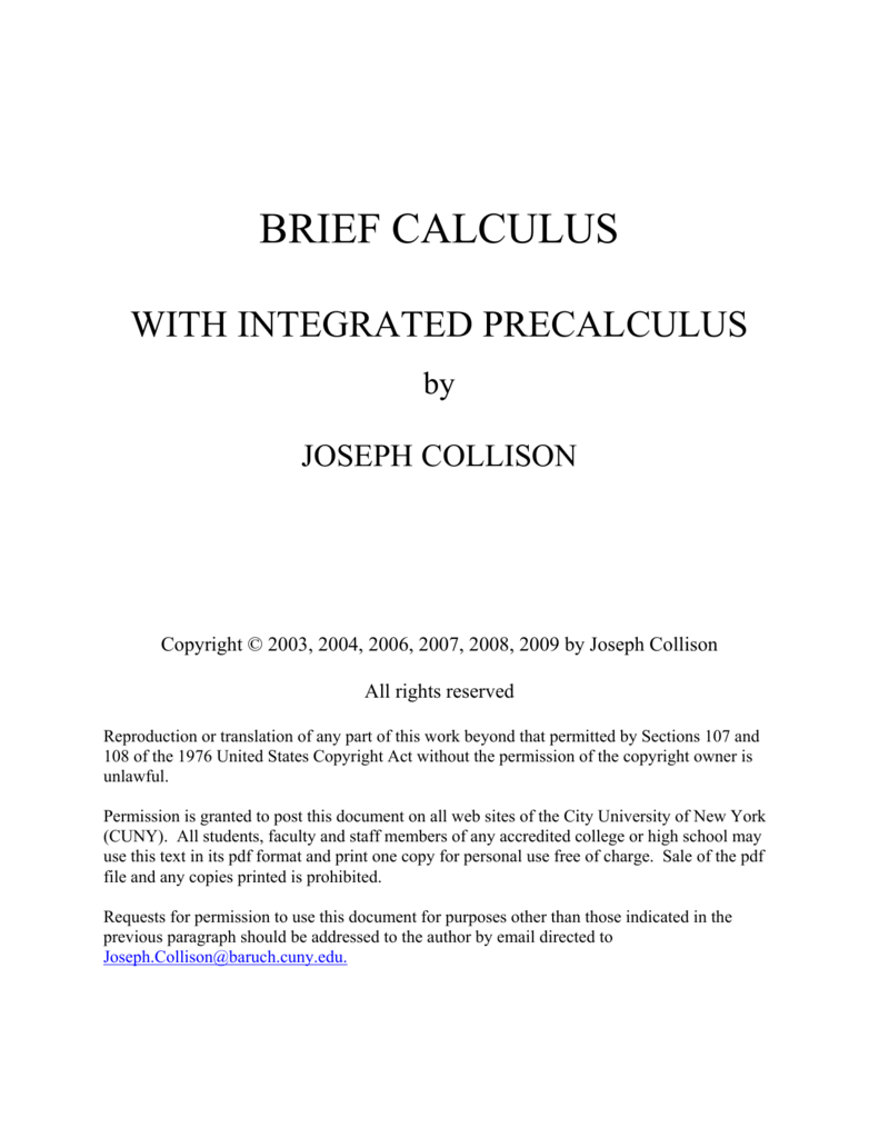 Brief Calculus With Integrated Precalculus By