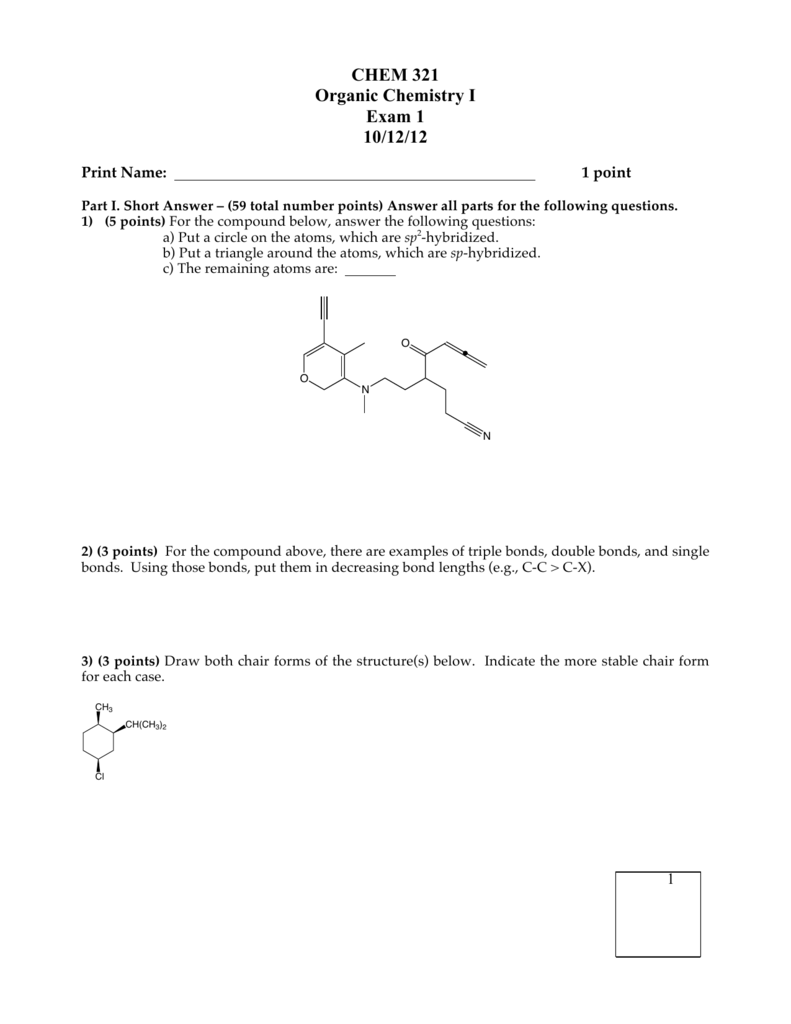 Chem 321 Organic Chemistry I Exam 1 10 12 12