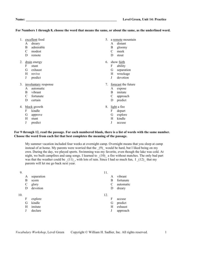 Name Level Green Unit 14 Practice Vocabulary Workshop Level