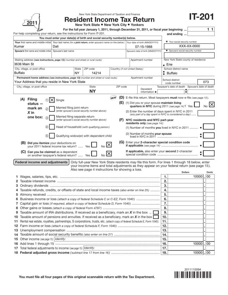Form IT 201 2011 Resident Income Tax Return IT201