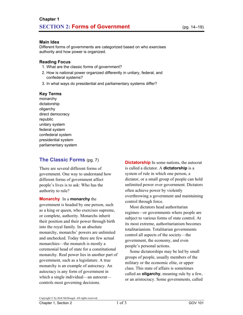 SECTION 21: Forms of Government For Types Of Government Worksheet Answers