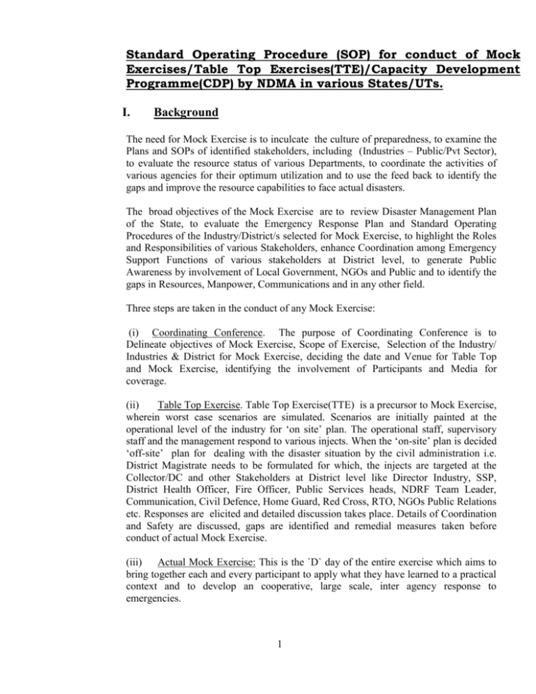 (SOP) for conduct of Mock Exercises/Table Top Exercises(TTE)