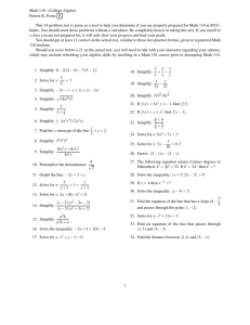 Math 110—College Algebra Pretest B, Form: A This 34 problem test