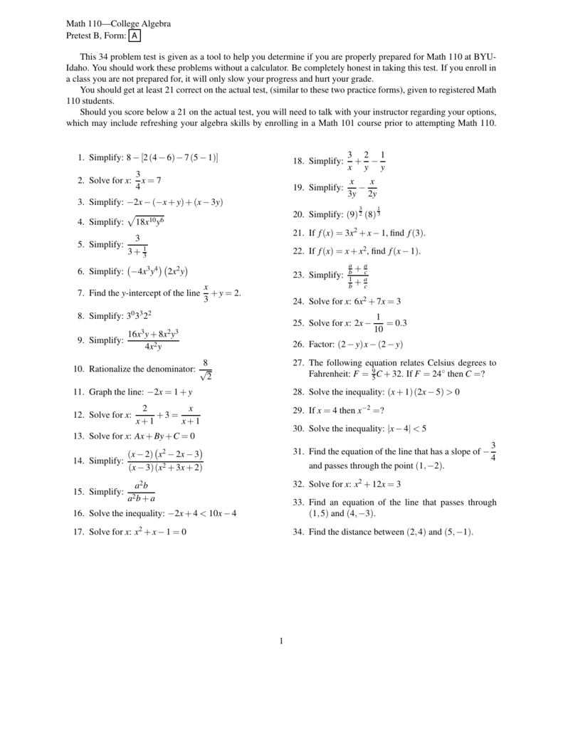 Math 110 College Algebra Pretest B Form A This 34 Problem Test