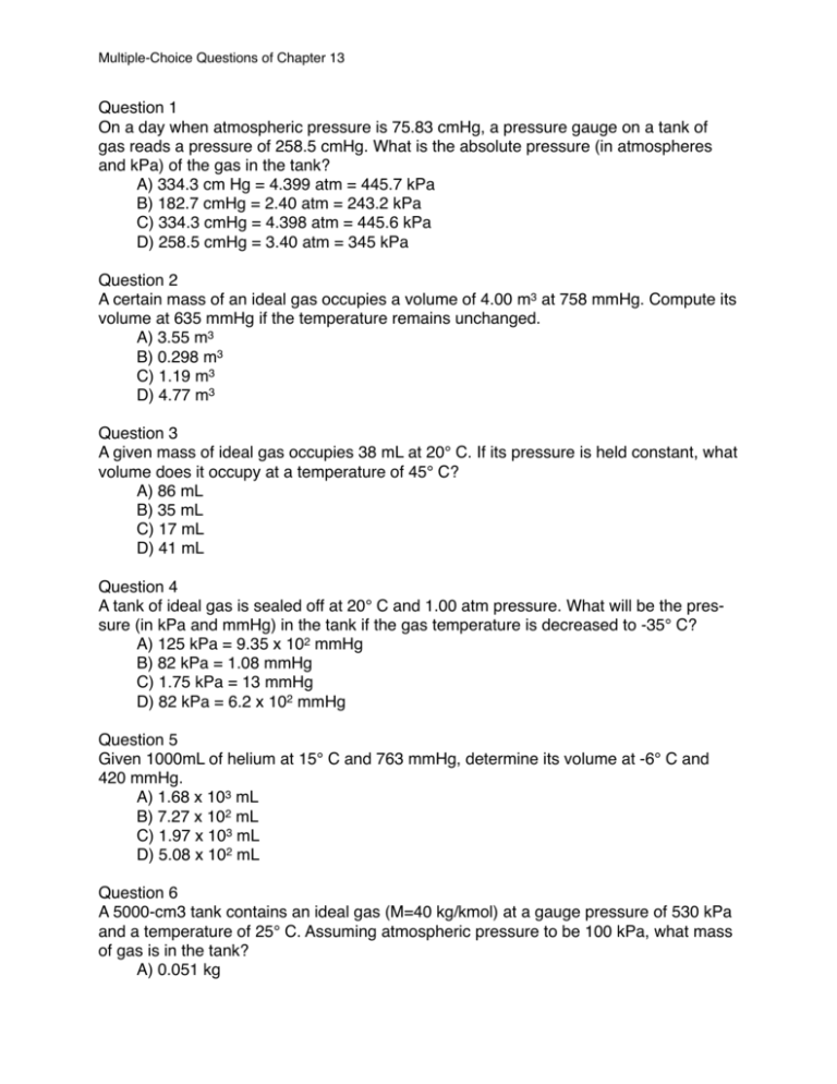 Question 1 On A Day When Atmospheric Pressure Is 75 83 CmHg A