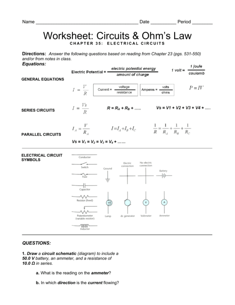 Worksheet Circuits Ohm s Law