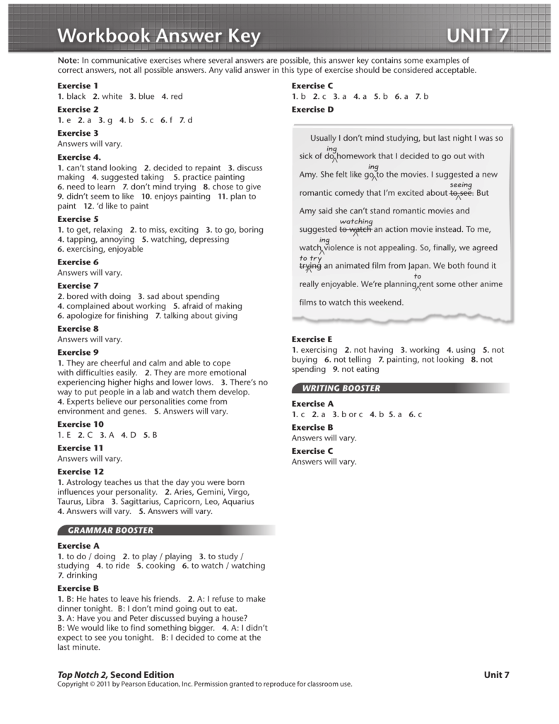 Workbook Answer Key Unit 7