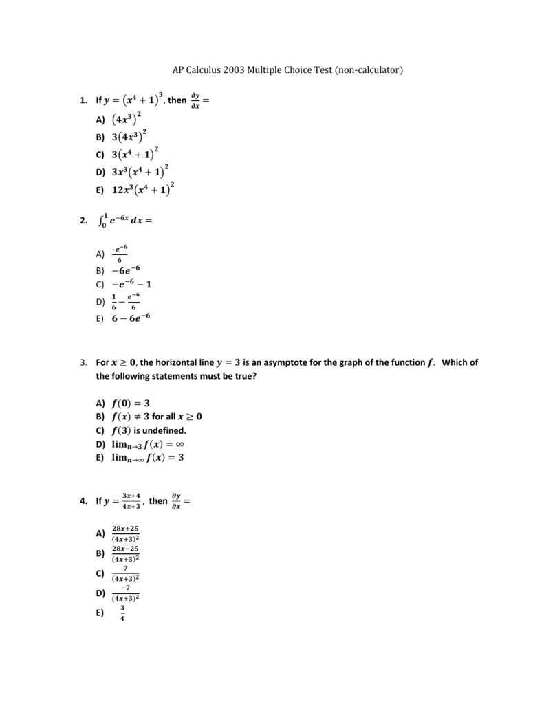 1988 ap calculus ab multiple choice answers questions