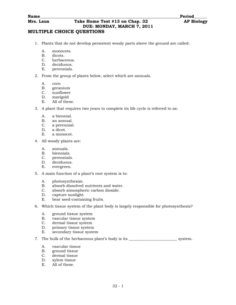 Multiple Choice Questions On Flowers