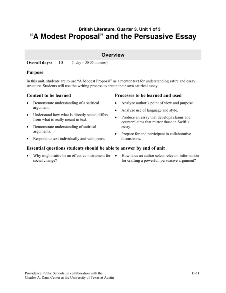 A Modest Proposal” and the Persuasive Essay