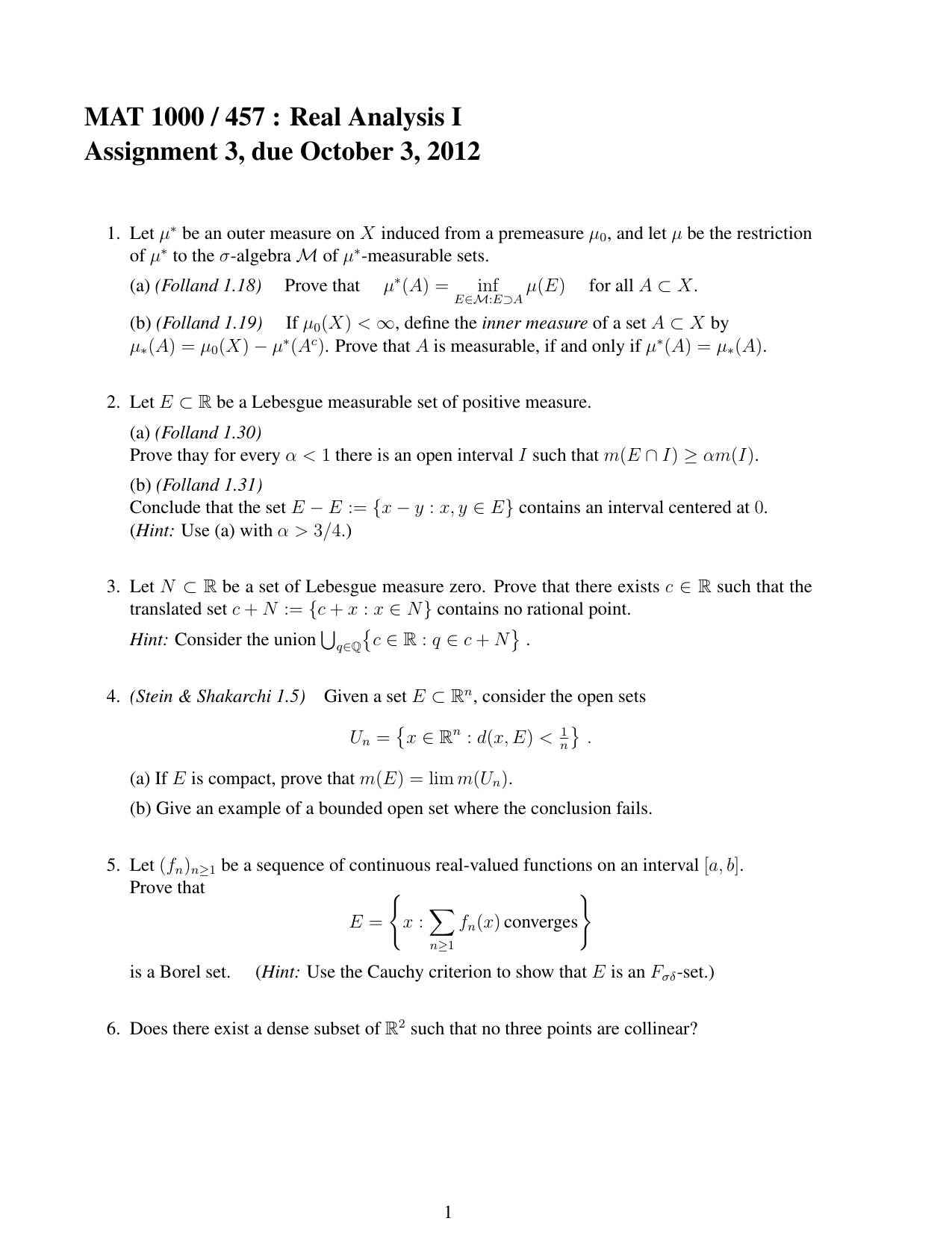 Mat 1000 457 Real Analysis I Assignment 3 Due October 3 12