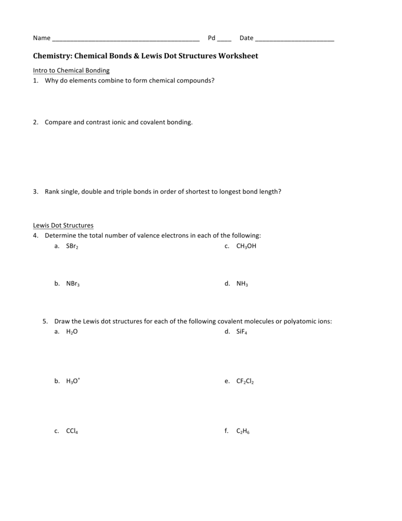 Chemistry: Chemical Bonds & Lewis Dot Structures Worksheet With Regard To Drawing Lewis Structures Worksheet