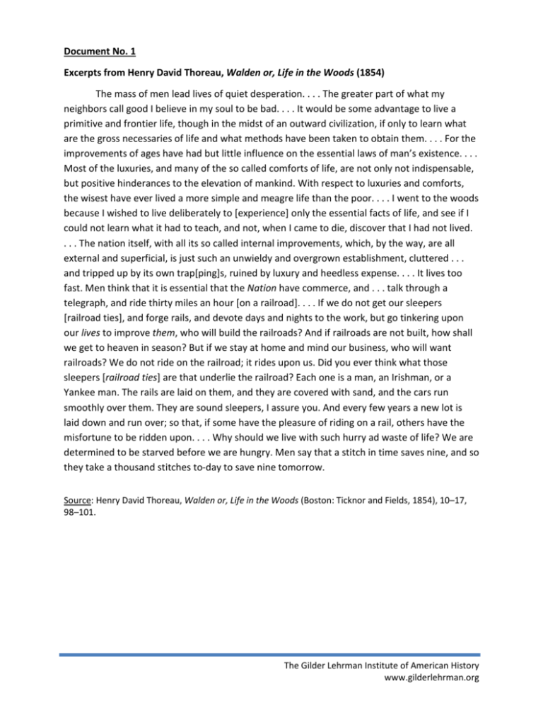 Document No. 1 Excerpts from Henry David Thoreau, Walden or