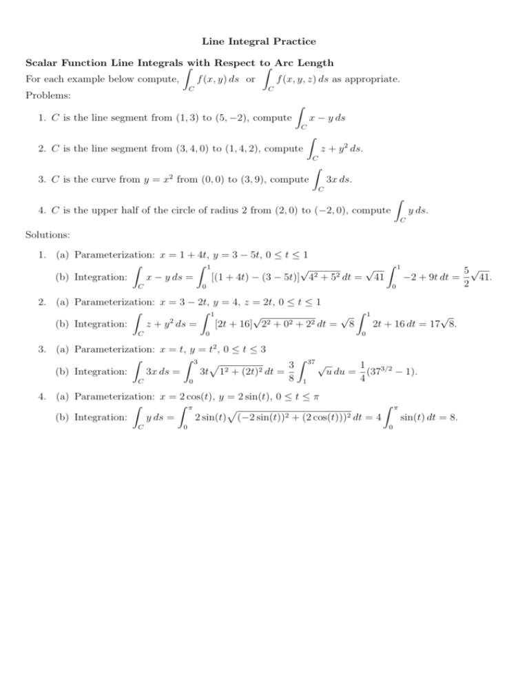 Line Integral Practice Examples With Solutions