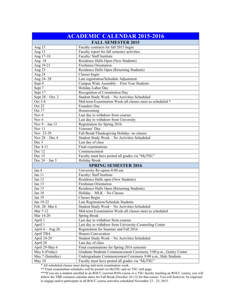 academic calendar 20152016 Tennessee State University