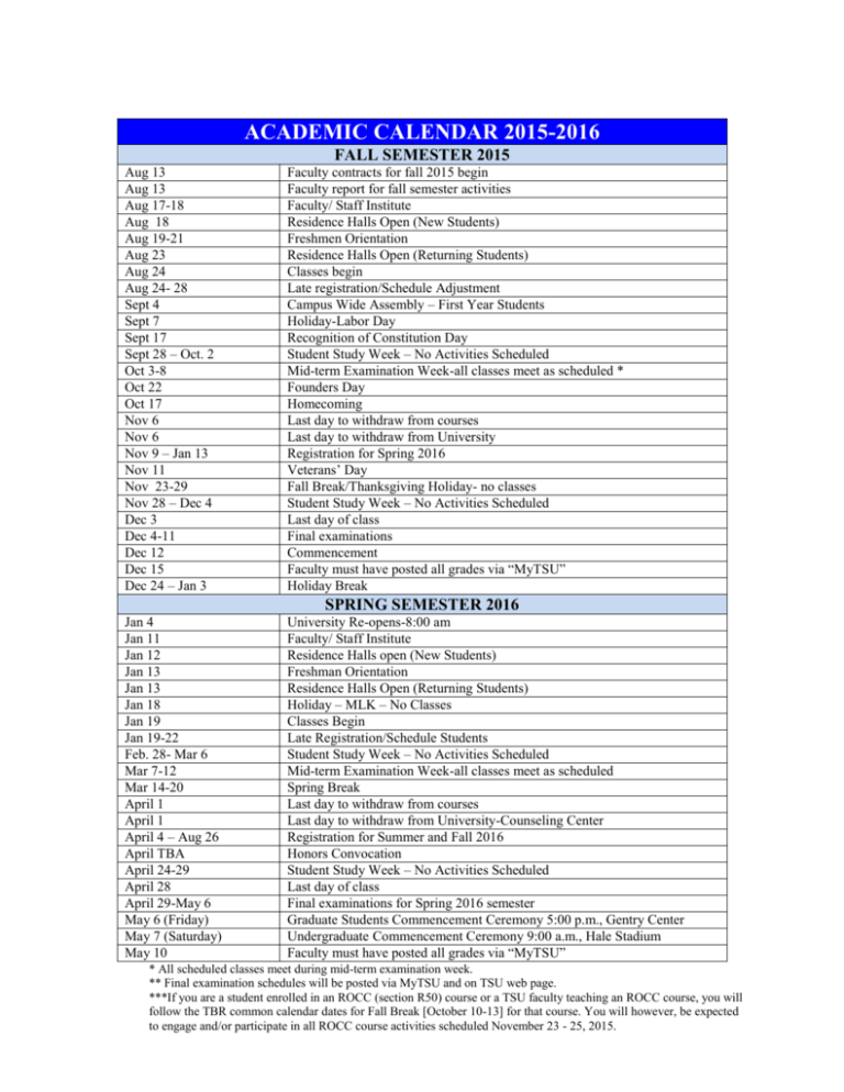 Academic Calendar 2015 2016 Tennessee State University