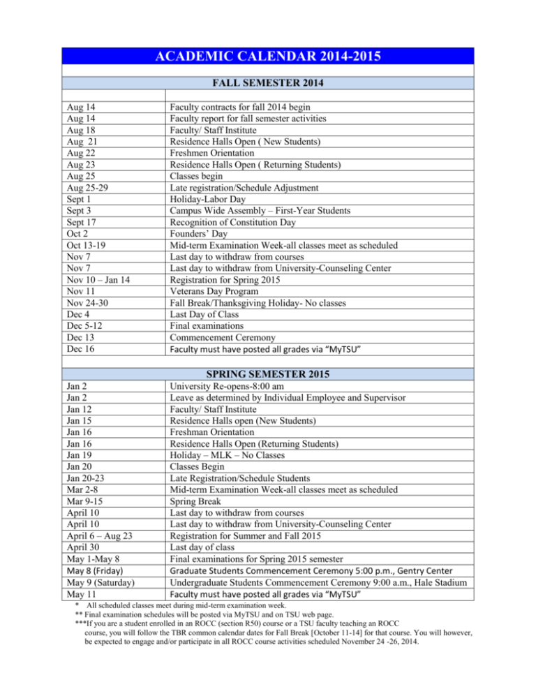 Academic Calendar 2014 2015 Tennessee State University Academic Calendar 2014 2015 Tennessee State University