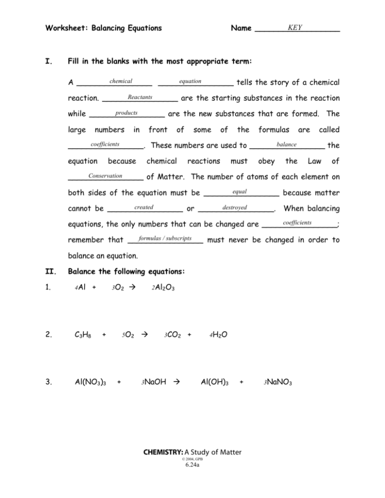 Worksheet Balancing Equations Name CHEMISTRY