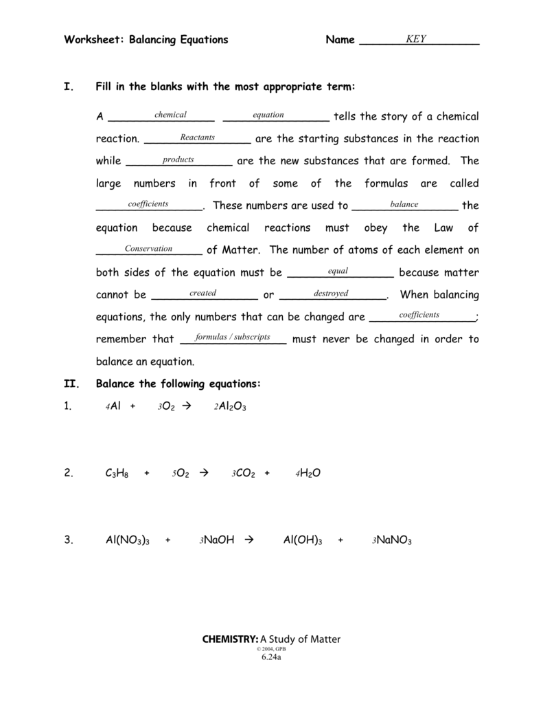 Worksheet: Balancing Equations Name CHEMISTRY Inside Balancing Chemical Equation Worksheet