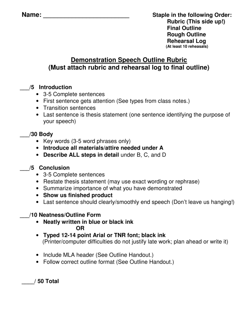 Name Demonstration Speech Outline Rubric Must Attach Rubric