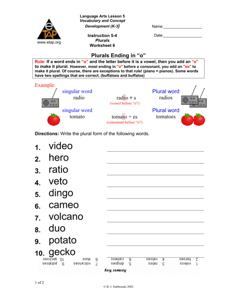 Plural Words Ending In O Worksheet