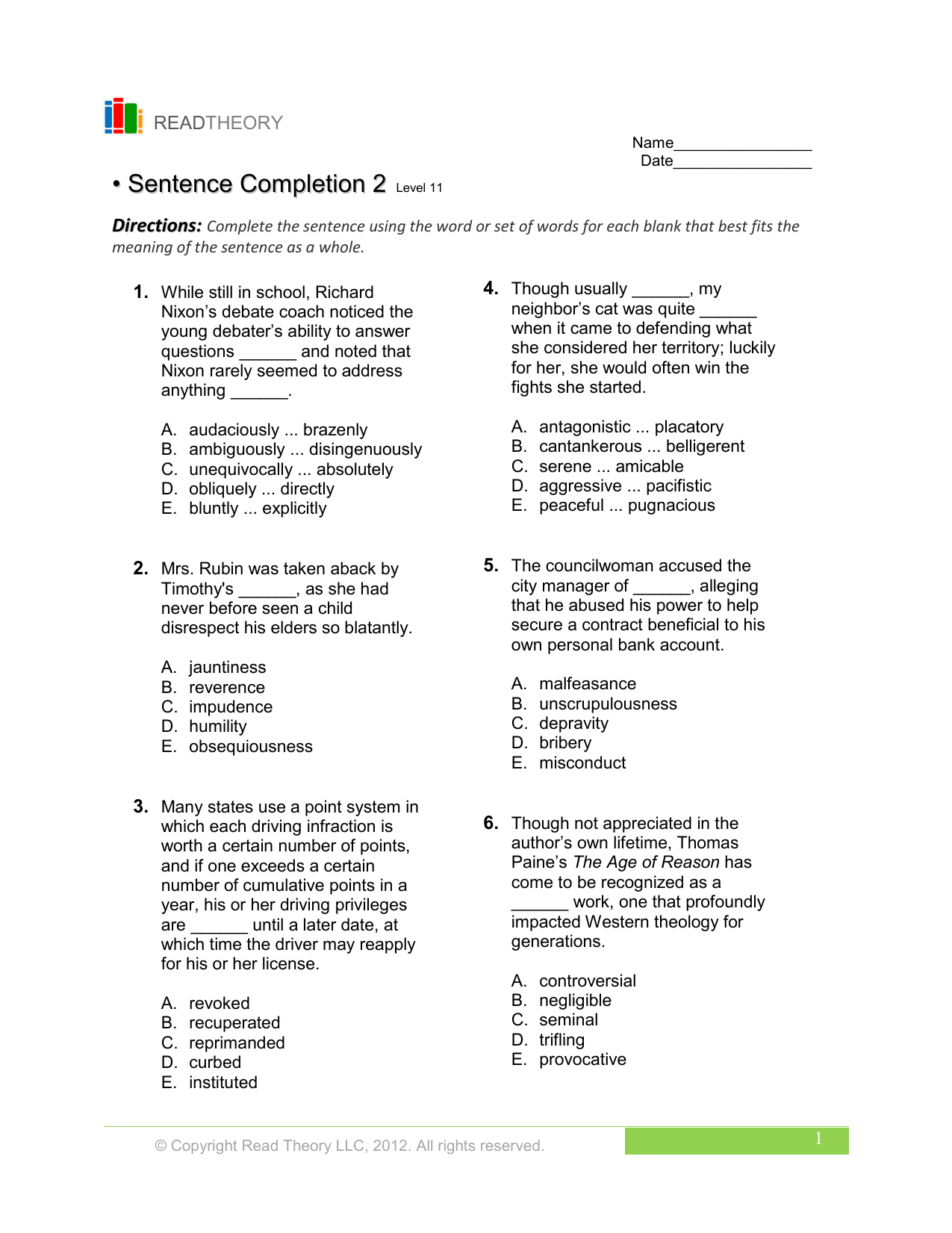English Sentence Completion Worksheets
