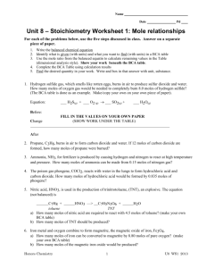 Unit 8 – Stoichiometry Worksheet 1: Mole relationships