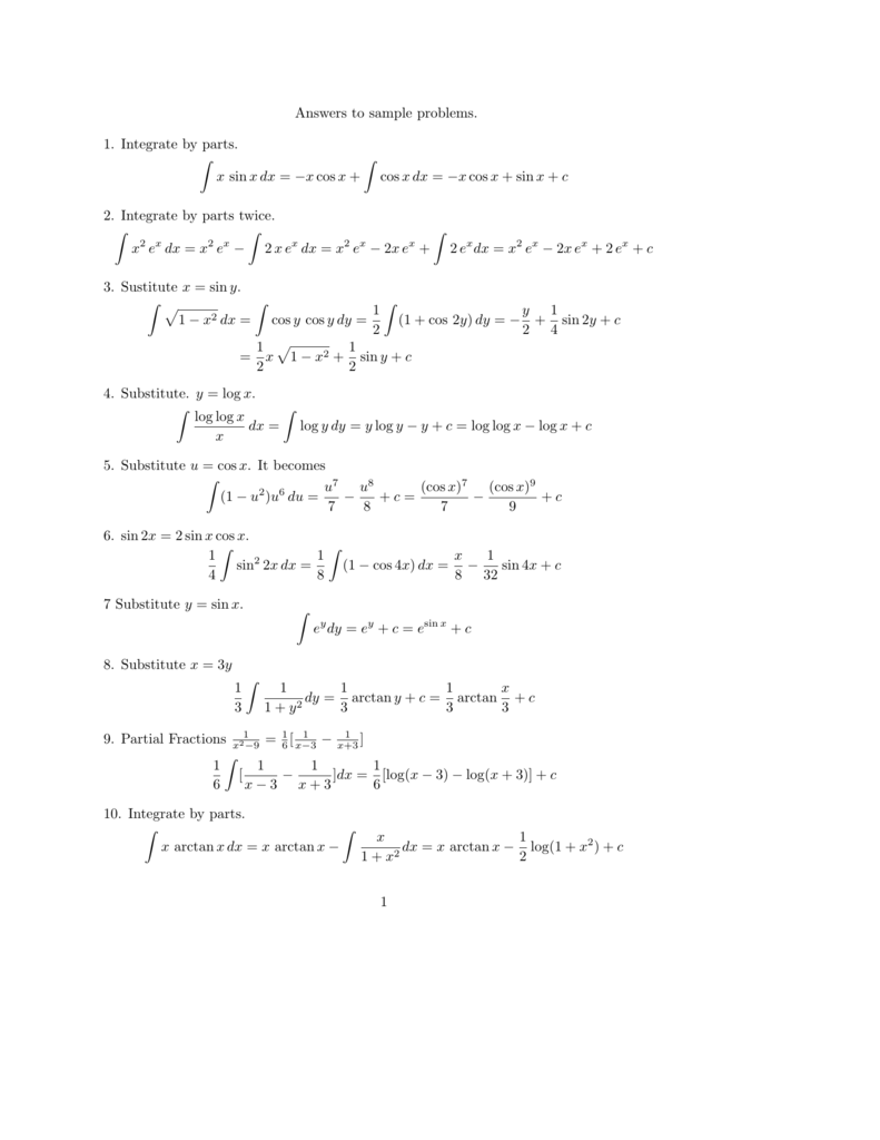 Answers To Sample Problems 1 Integrate By Parts X Sinx Dx