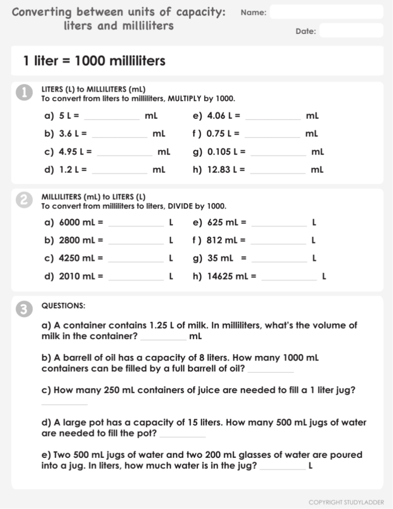 1 Liter 1000 Milliliters