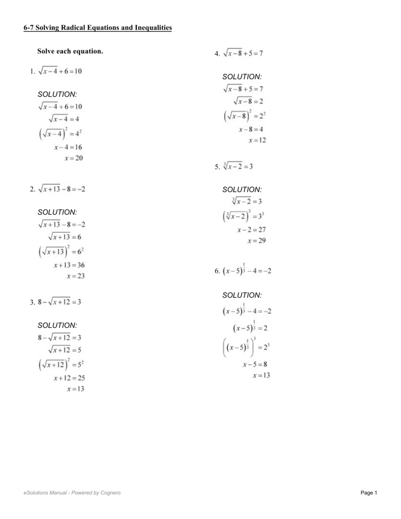 Answer Key - Cloudfront.net With Solving Square Root Equations Worksheet