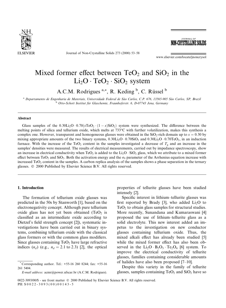 Mixed Former Effect Between Teo2 And Sio2 In The Li2o A Teo 2 A