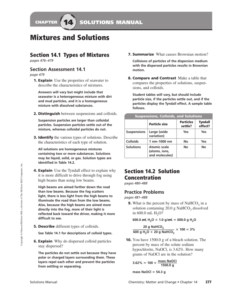 22 Mixtures and Solutions In Mixtures And Solutions Worksheet Answers