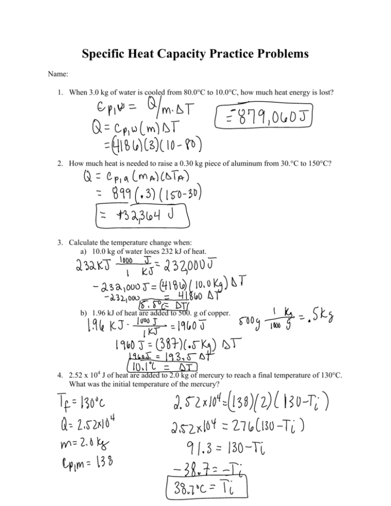 Specific Heat Practice Problems Worksheet With Answers Pdf
