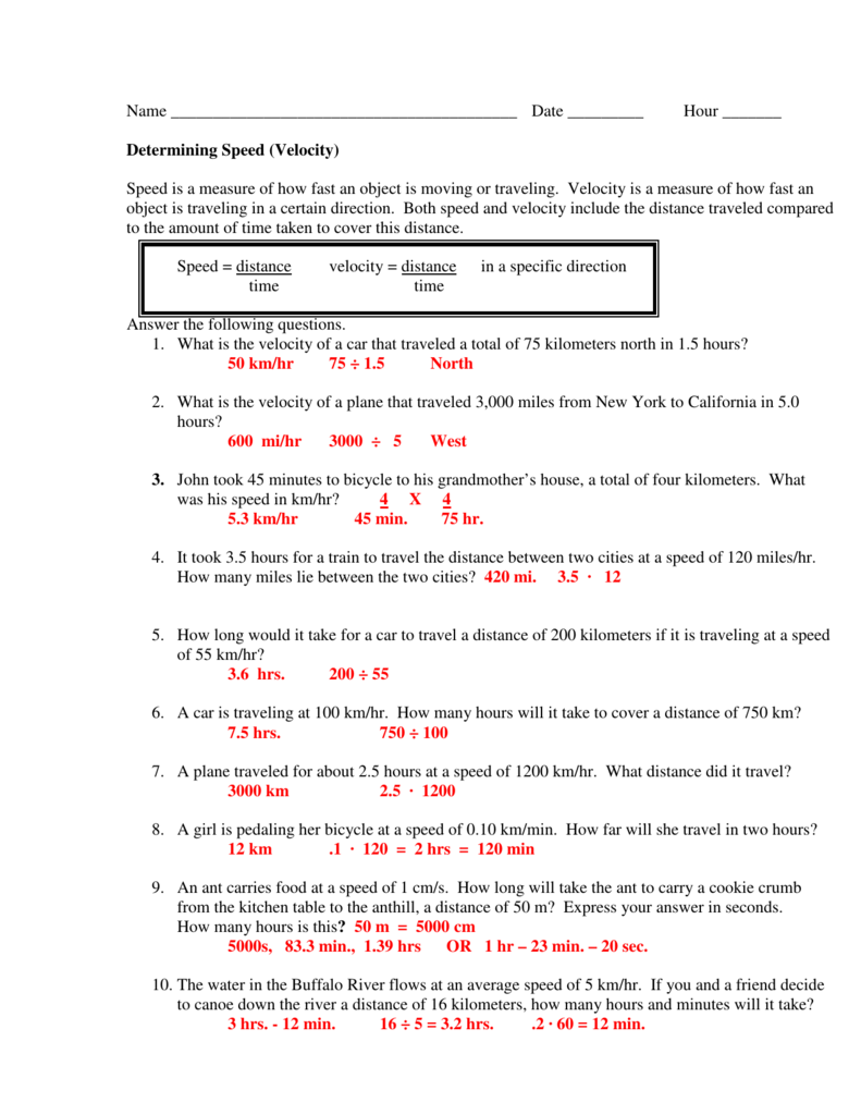 Determining Speed (Velocity) Intended For Speed And Velocity Worksheet