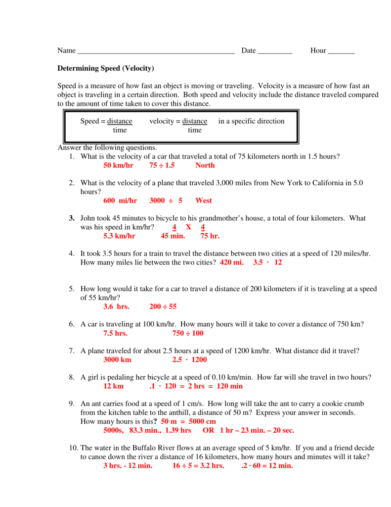 Determining Speed (Velocity) With  Regard To Determining Speed Velocity Worksheet Answers