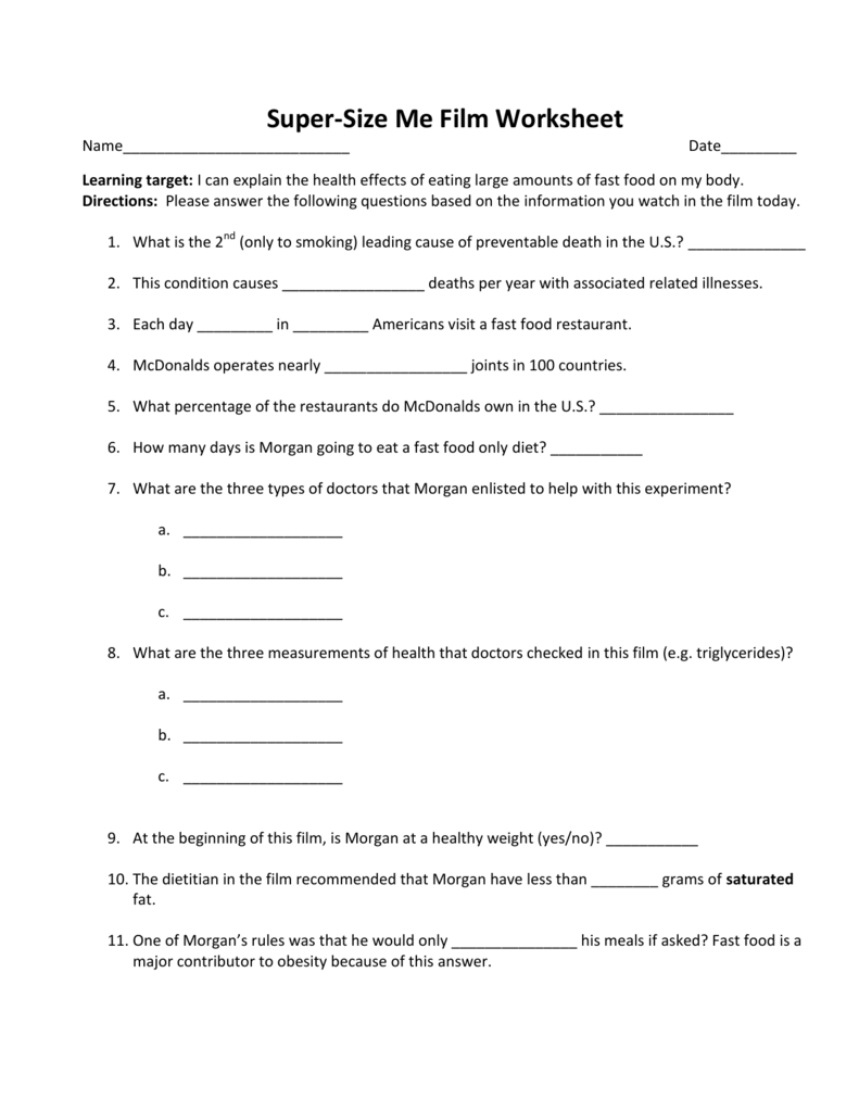 Super-Size Me Film Worksheet Inside Super Size Me Video Worksheet