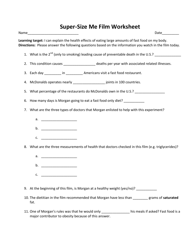 Supersize Me Worksheet Answers Educational Worksheet