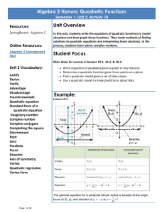 Algebra 2 Honors: Quadratic Functions Unit Overview Student Focus