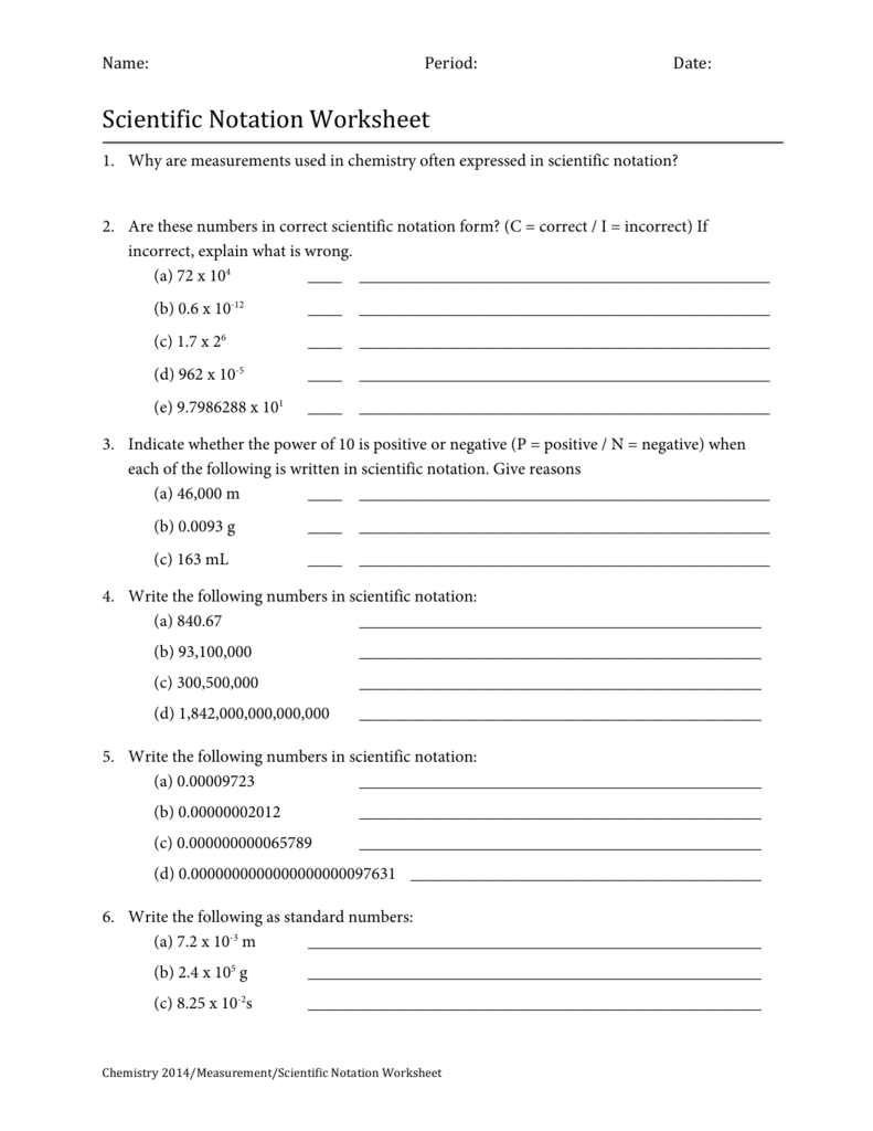 Scientific Notation Worksheet Intended For Scientific Notation Worksheet Chemistry