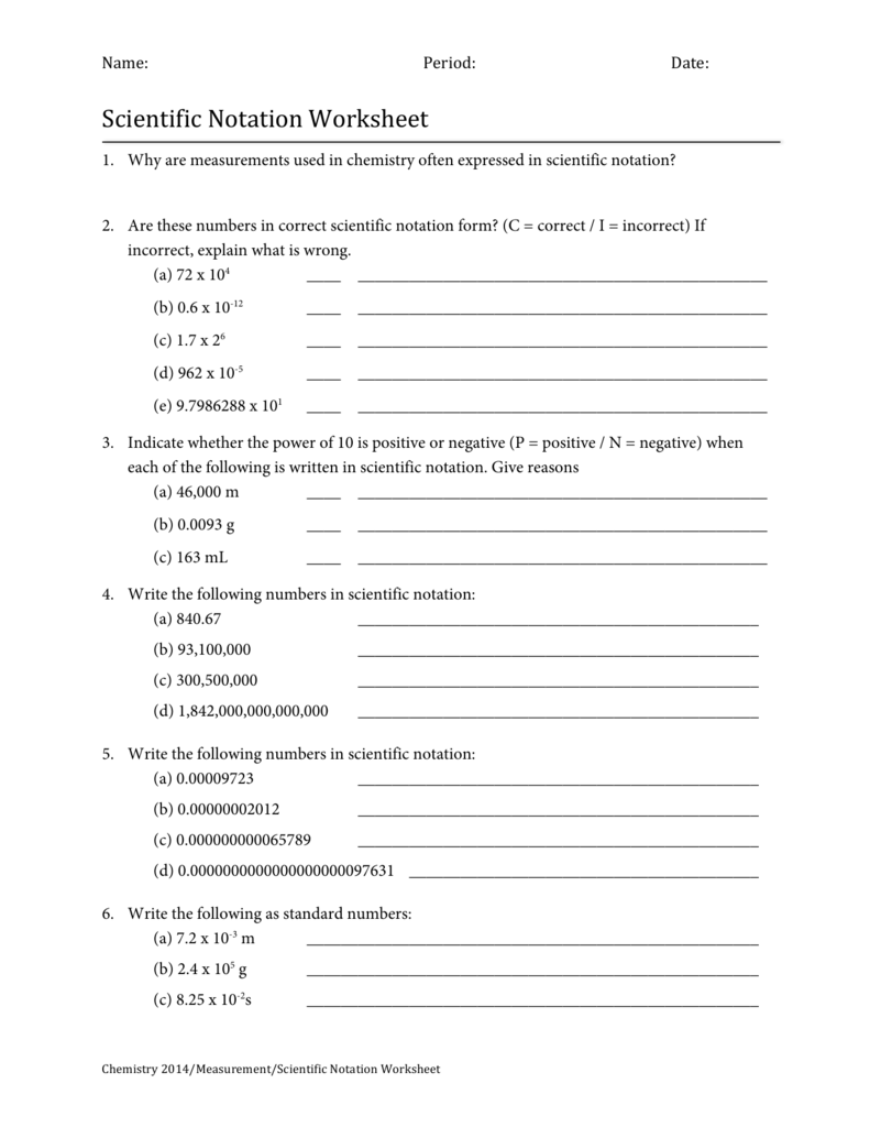 Scientific Notation Worksheet With Regard To  Scientific Notation Worksheet Chemistry