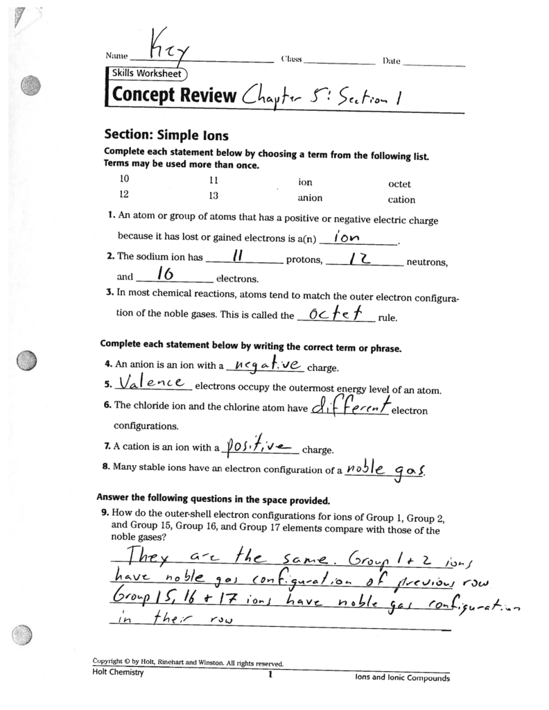 Chemistry Review Worksheet Answers